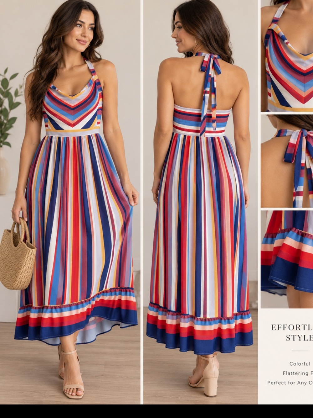 ModCloth Multicolor Striped Halter Dress size L smocked back